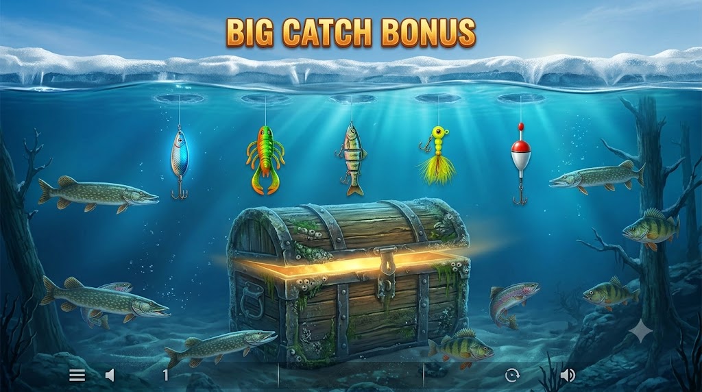 Ronda de bonus submarina con cofre luminoso y señuelos de pesca en Ice Fishing